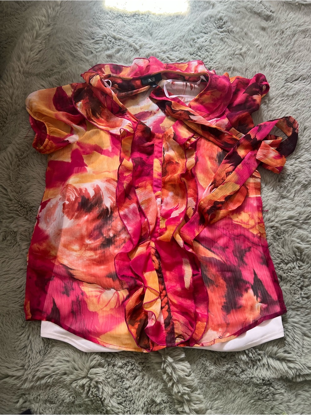Vintage AGB Pink Orange Floral Ruffle Blouse